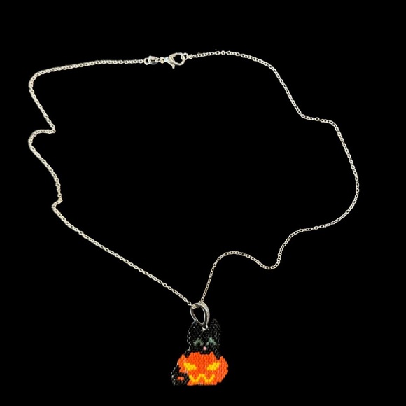 Handcrafted Black Cat & Jack-O’-Lantern Necklace - Perfect Halloween Jewelry - Picture 4 of 4